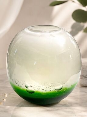 Italian Murano Style Art Glass
Hand Blown Round Vase
White, and Green